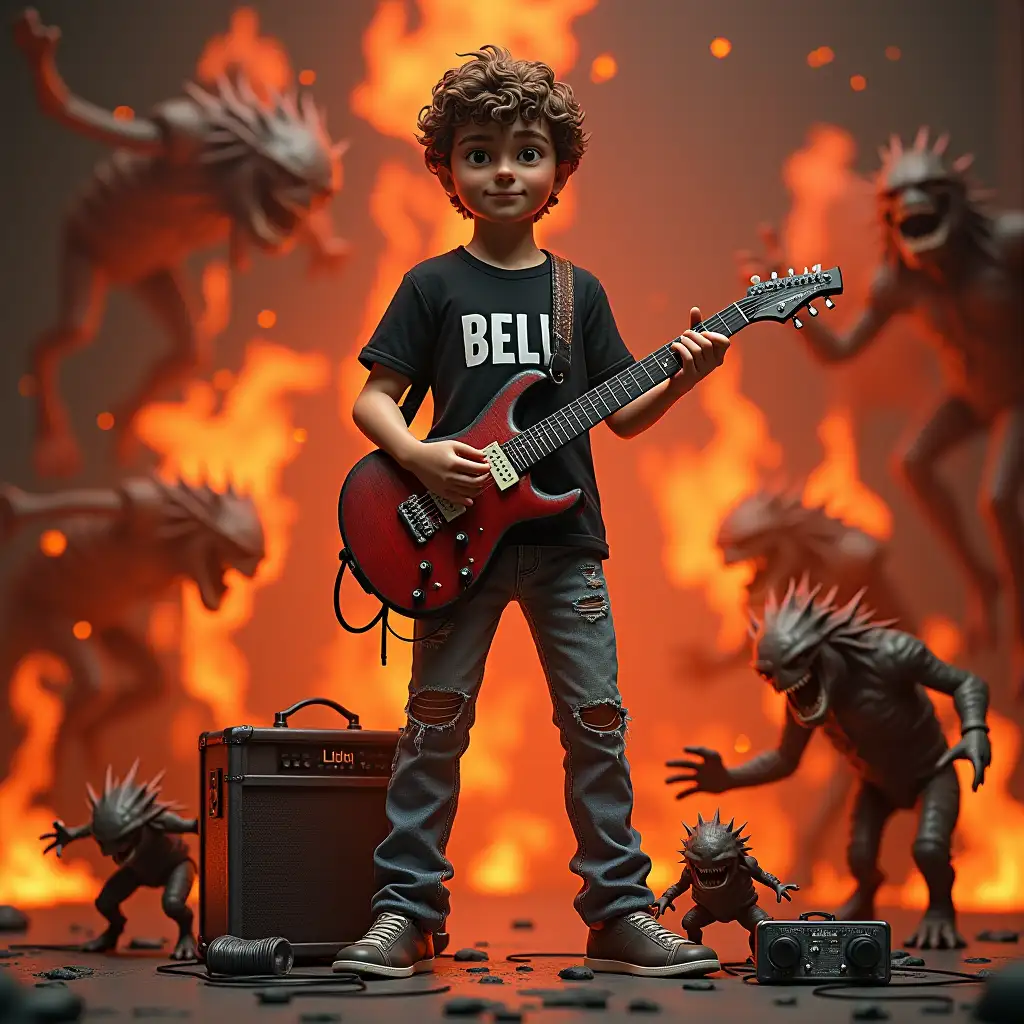 Create a 3D action figure of a young person wearing a black t-shirt with 'BELU' lettering, wearing ripped jeans, carrying an electric guitar on the right with a guitar amp, holding guitar effects and cables on the left, with a large fire background all around and many monsters