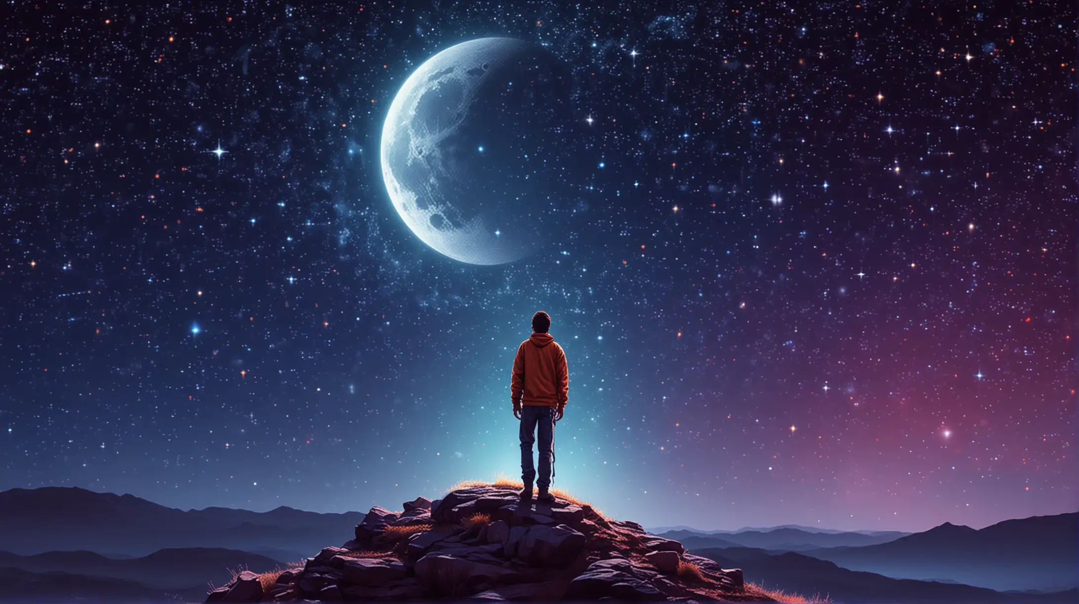 A Guy Gazing at Stars and the Moon in a Colorful Night Sky