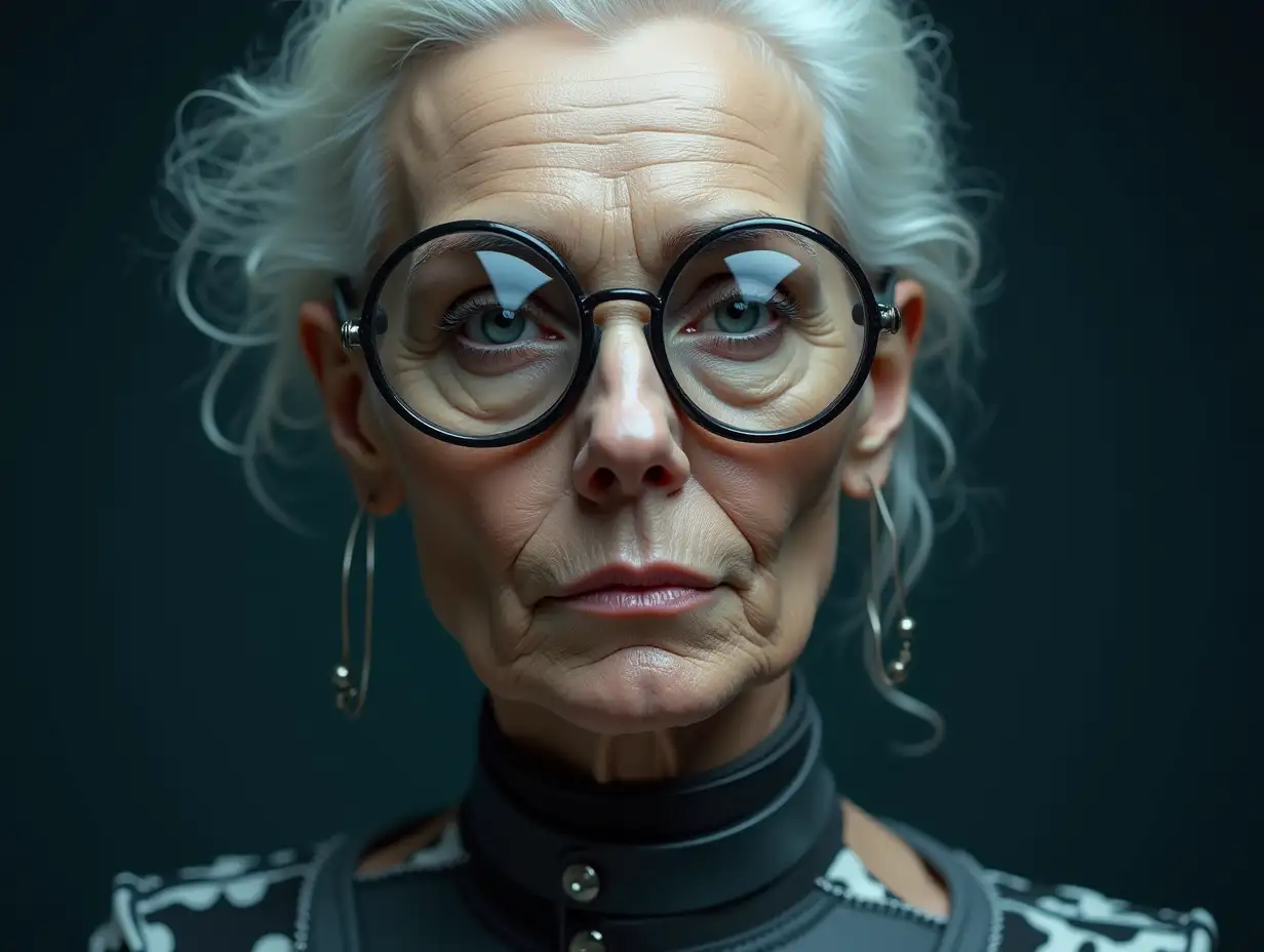 Create an AI image an old cyber woman with round glasses