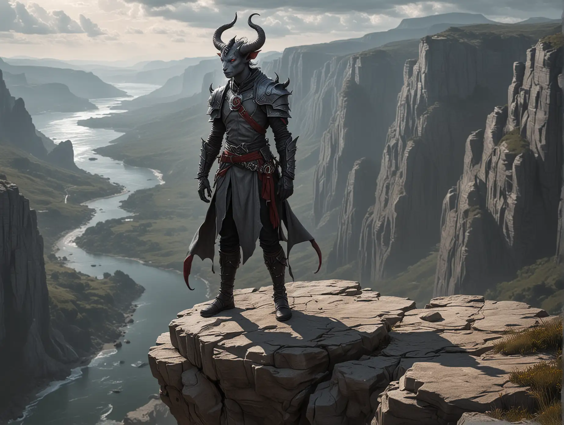 A grey Tiefling stands on the edge of a cliff