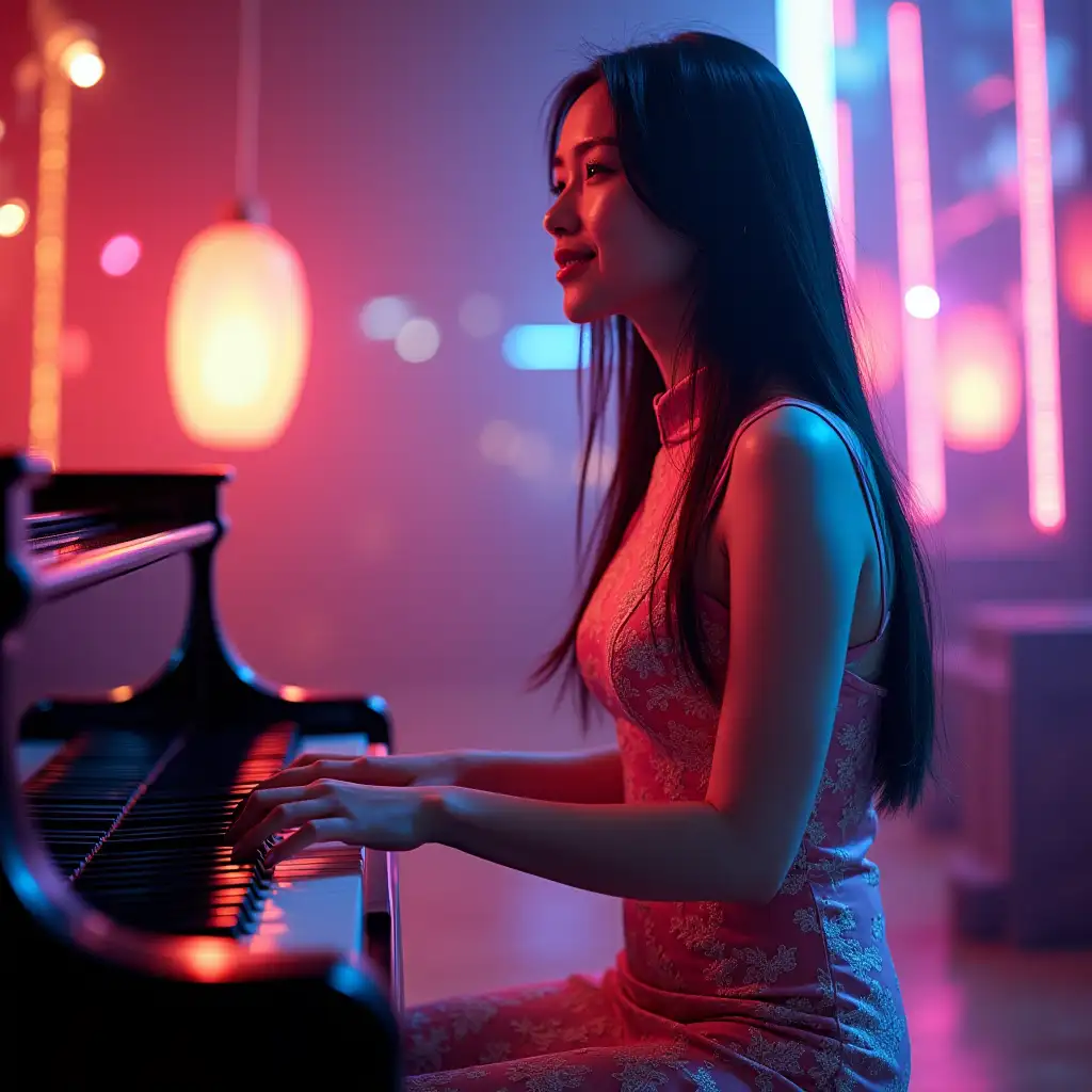 PROMT : psychedelic effect, flickering neon, double exposure, beautiful Asian woman with long straight hair in a stunning cheongsam gown playing the piano, her face full of love