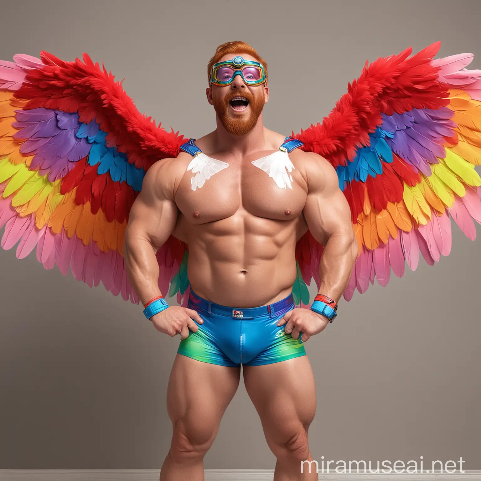 Muscular Red Head Bodybuilder Flexing Arm in Rainbow Eagle Wings Jacket
