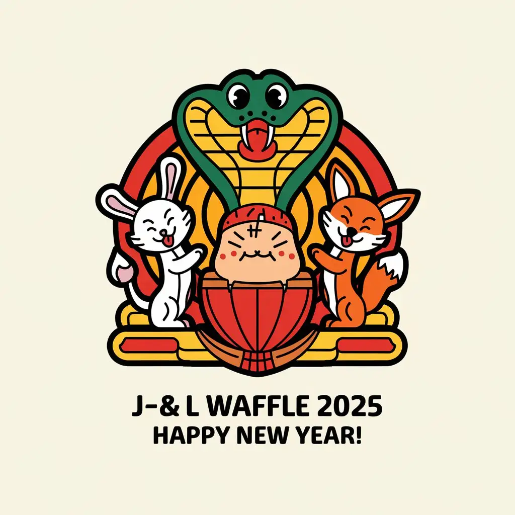 a vector logo design,with the text "J&L Waffle 2025 Happy New Year!", main symbol:snake rabbit fox huahufeng,Moderate,clear background