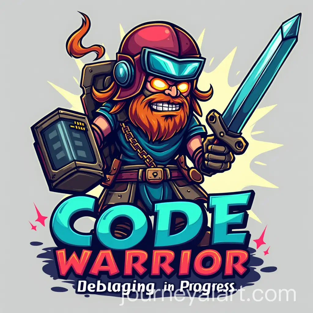 Cartoon-Warrior-with-Keyboard-Sword-and-Monitor-Shield-for-Coders