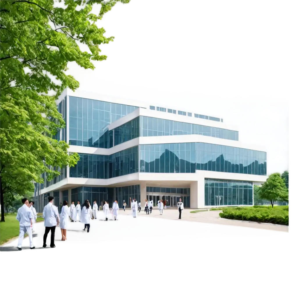 Modern-Medical-College-Campus-PNG-Image-with-Academic-Building-and-Students-in-White-Lab-Coats