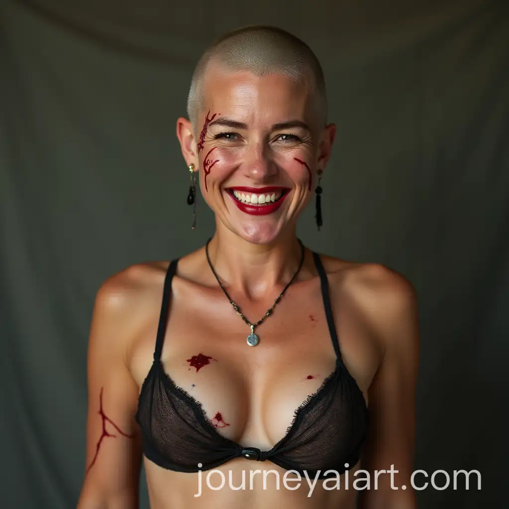 Bold-Woman-with-Shaved-Head-and-Scars-Smiling-in-Red-Lipstick