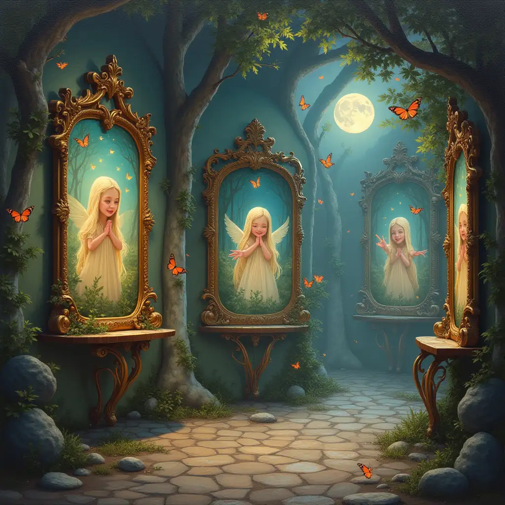 In a magical realm where stories come to life in exquisite oil paintings, the walls of a whimsical gallery were adorned with enchanting scenes. Each canvas portrayed a fairy tale, holding captivated beings within their enchanted frames: ethereal elves, their delicate features glistening in the moonlight, elven children with laughter in their eyes, and fluttering butterflies and dragonflies that seemed to dance with the brushstrokes.