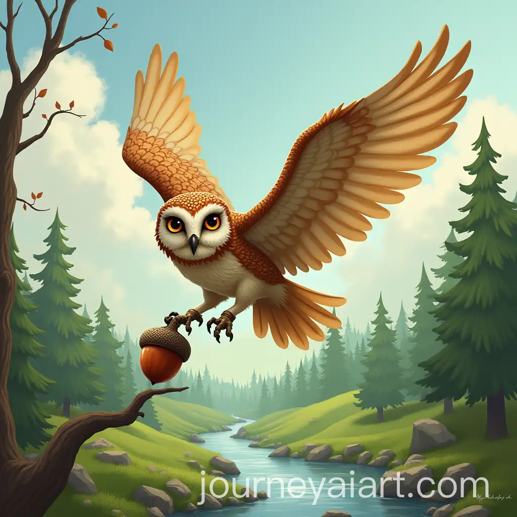 Owl-Soaring-Through-a-Vast-Forest-with-an-Acorn-in-Its-Talons