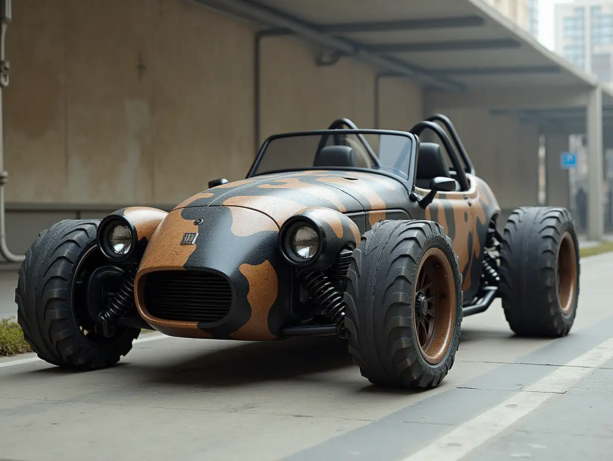 A supermodern utopian sports omnibus cabrio with lowered body, Predator Aluminium wheels, wide tires, brown and black camouflage pattern, Science-Fiction