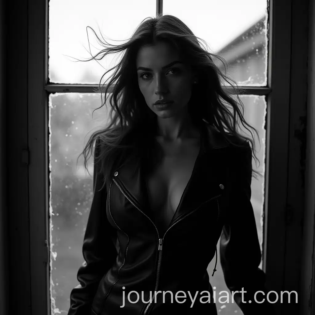Sad-Woman-in-Leather-Dressed-Behind-Broken-Window-in-Black-and-White