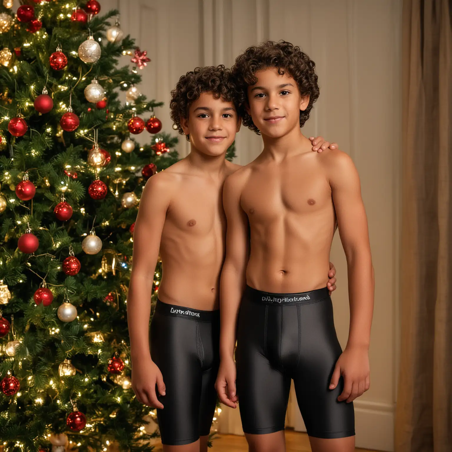 Two-Hispanic-Boys-in-Compression-Lycra-Standing-by-a-Christmas-Tree