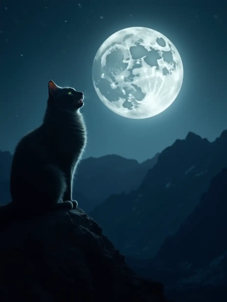 Silhouette of a fluffy cat howls at the big glowing moon at night. Rich, dark tones, mountain slope landscape, figure of the cat emits light, from the moon come shimmering silver rays, lighting up the picture Fantastic sparkling, mysterious