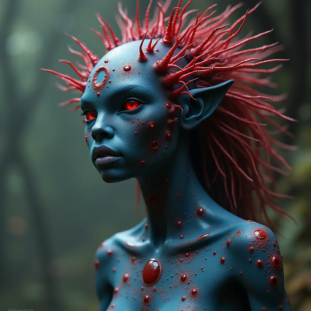 Alien woman redblue skin with wise spots long legs porcupine hair