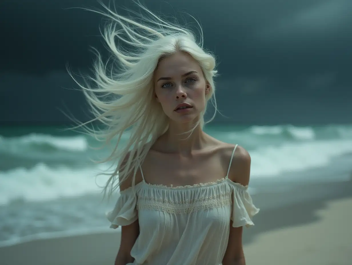 Woman-with-White-Hair-in-Windy-Beach-Scene-with-Surreal-Atmosphere