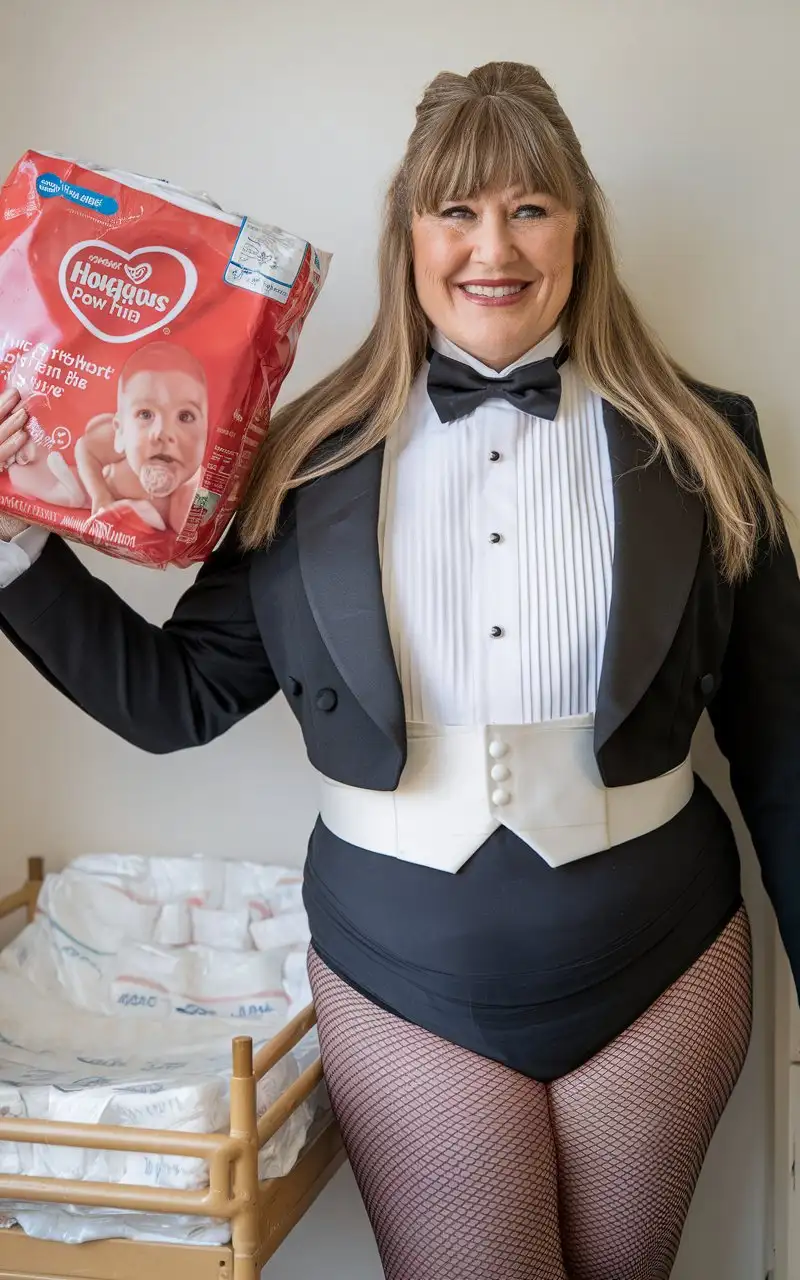 Caucasian-Woman-in-Formal-Tuxedo-Holding-Huggies-Package-in-Nursery