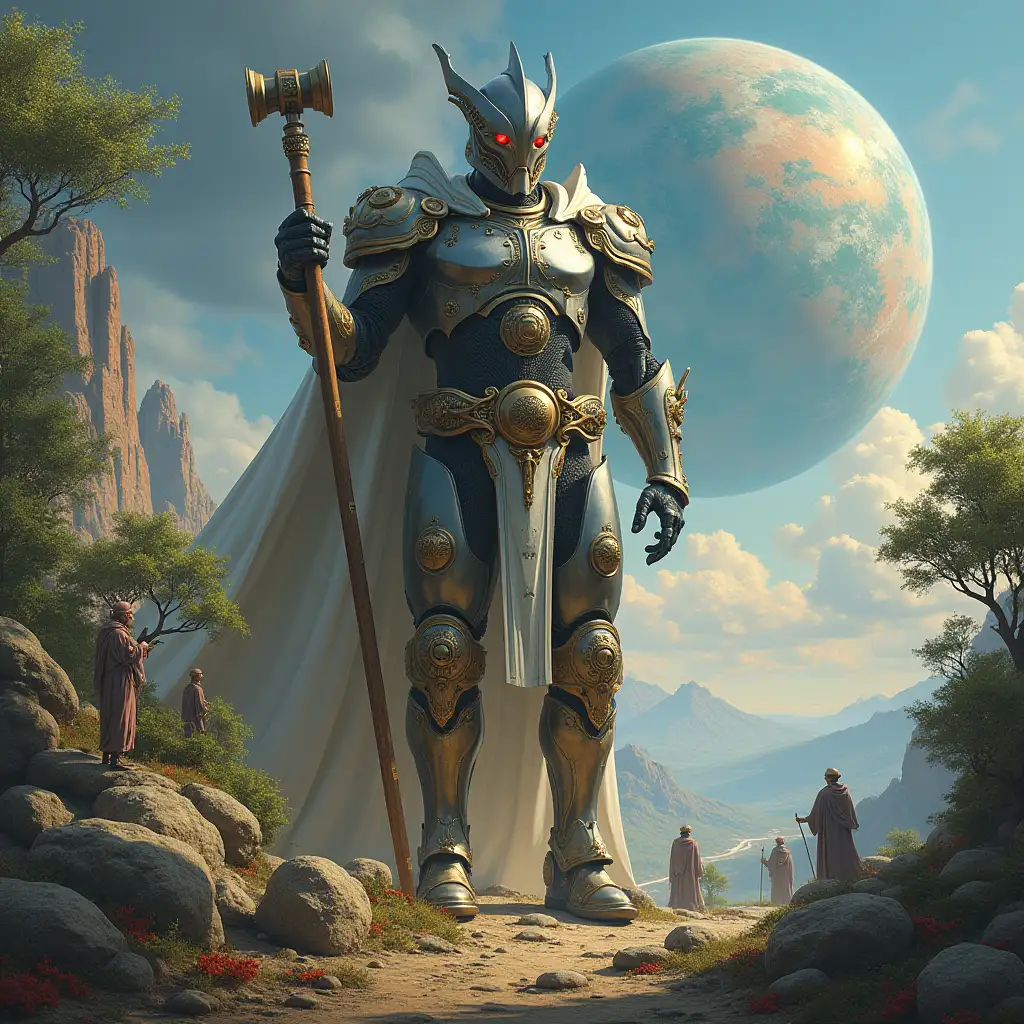 Hyperrealistic portrait of a 10 meter tall armored metal alien king with a hammer in his hand on an island with many different foreign beings The elaborately detailed, colorful forested planets in the background