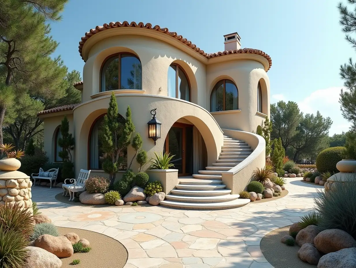 Crooked house with side line to beach garden   Planting-with stucco in the form of plant ornaments, large windows with glass closed, curved, smooth window shapes, winding big entrance stairs made of marble complex, curved roof with dike, lanterns, bench 4K resolution colorful super wide-angle shots