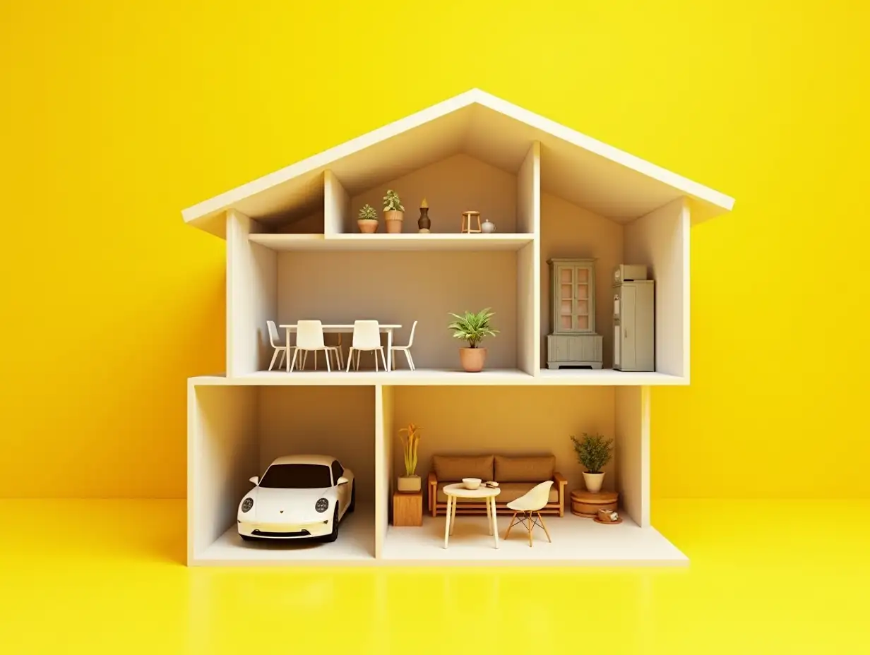 Large two-story house in section with furniture, car in garage, see everything inside, matte yellow monochrome on yellow background, complex architecture, 3d model, 3d render, macro, Cinema 4d, volume, shadows, studio lighting