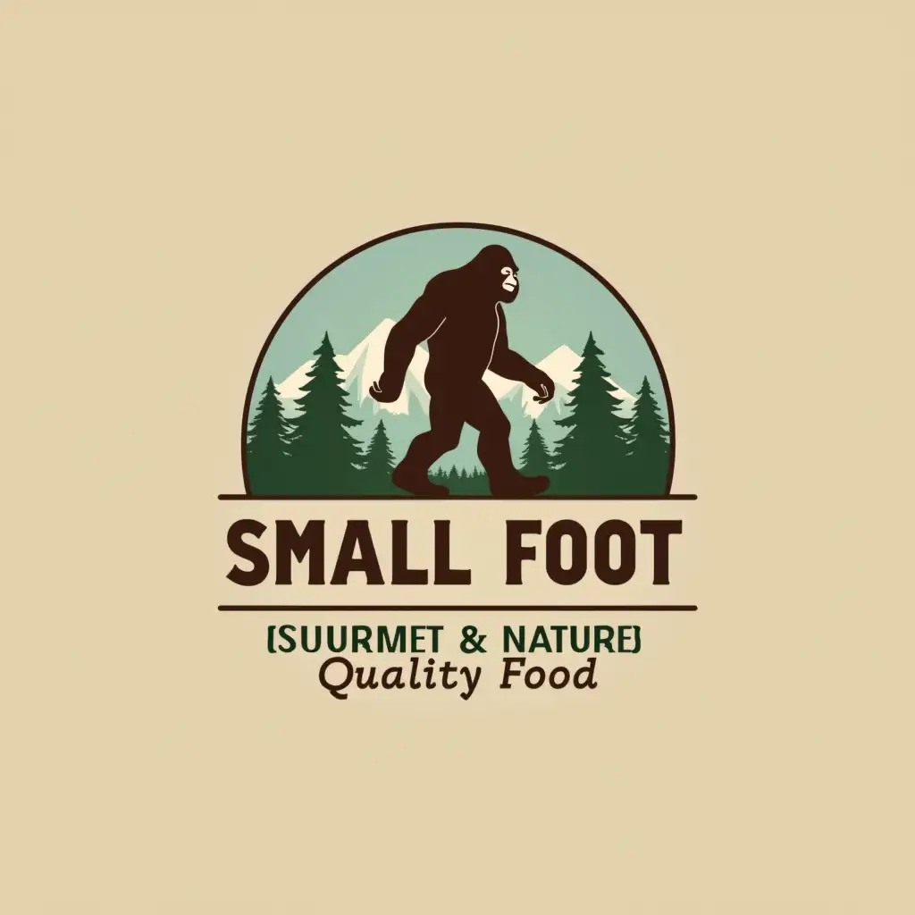 Design a professional and modern logo for the brand 'Small Foot,' reflecting a harmonious blend of nature and quality food. The logo should feature a sophisticated representation of Bigfoot, subtly integrated with elements that symbolize gourmet food, such as a stylized sandwich, ensuring a refined and elegant look. The design should incorporate natural elements like trees and mountains in a minimalist and clean style, emphasizing the brand's connection to California's rich landscapes. Utilize a contemporary and readable typography style that enhances brand identity across various platforms. The color palette should include earthy and natural tones to evoke a sense of authenticity, sustainability, and quality, making it suitable for branding, packaging, and digital applications.