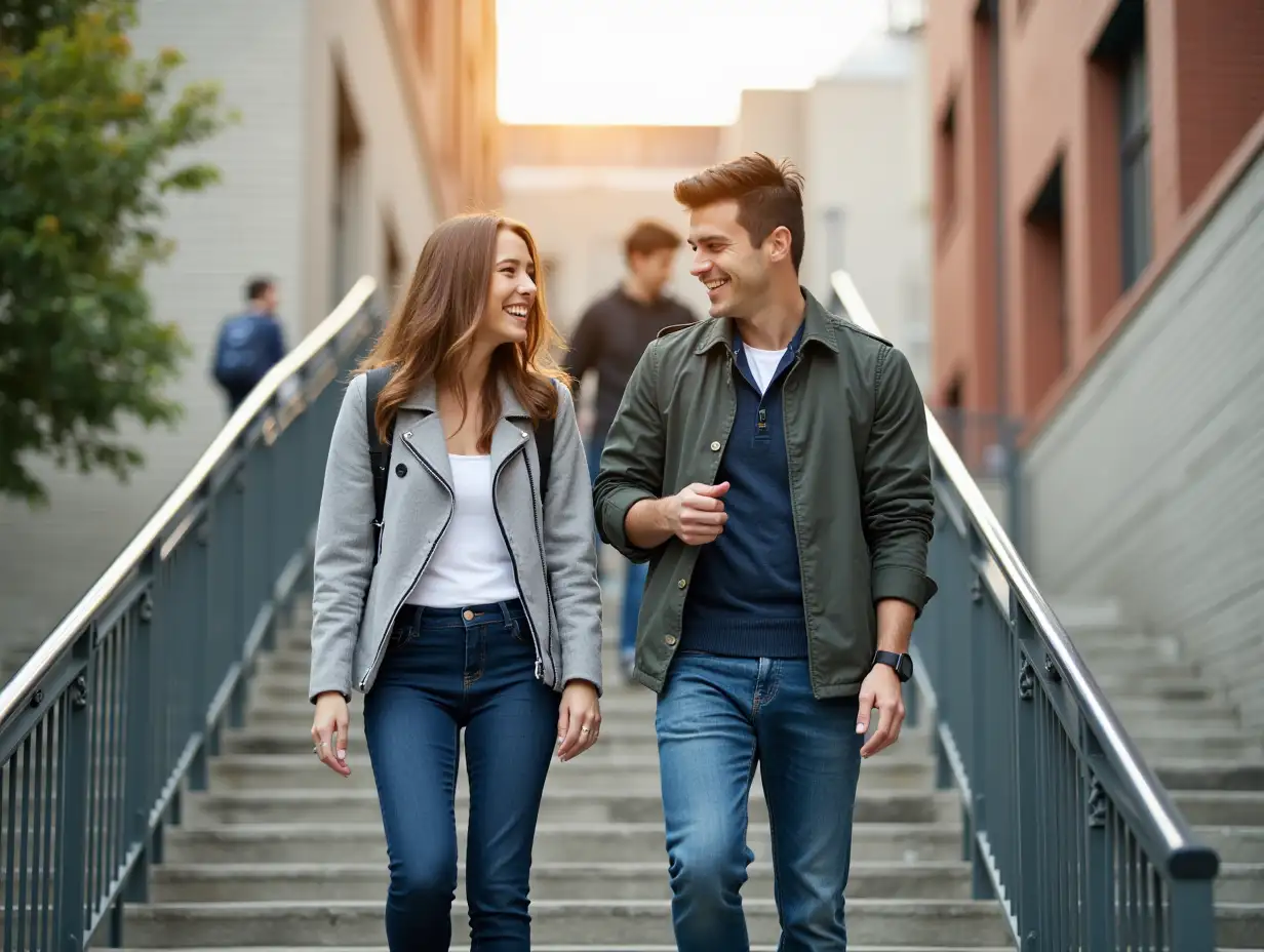 College Students Walking University staircase talking and laughing after lectures and exams