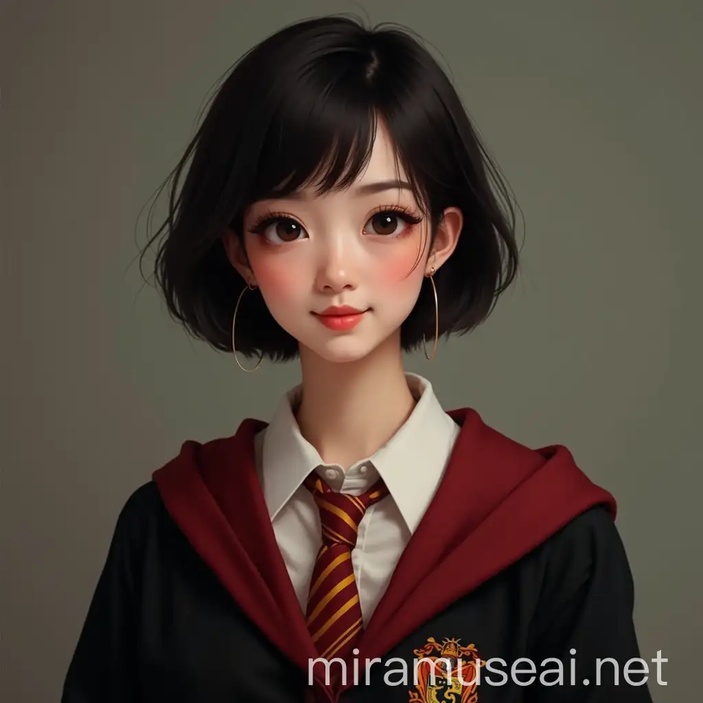 Smart and Cute Chinese Woman in Hogwarts Gryffindor Uniform