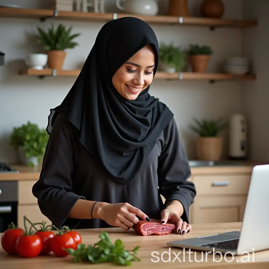 Muslim-Woman-Cutting-Meat-Next-to-Apple-Laptop