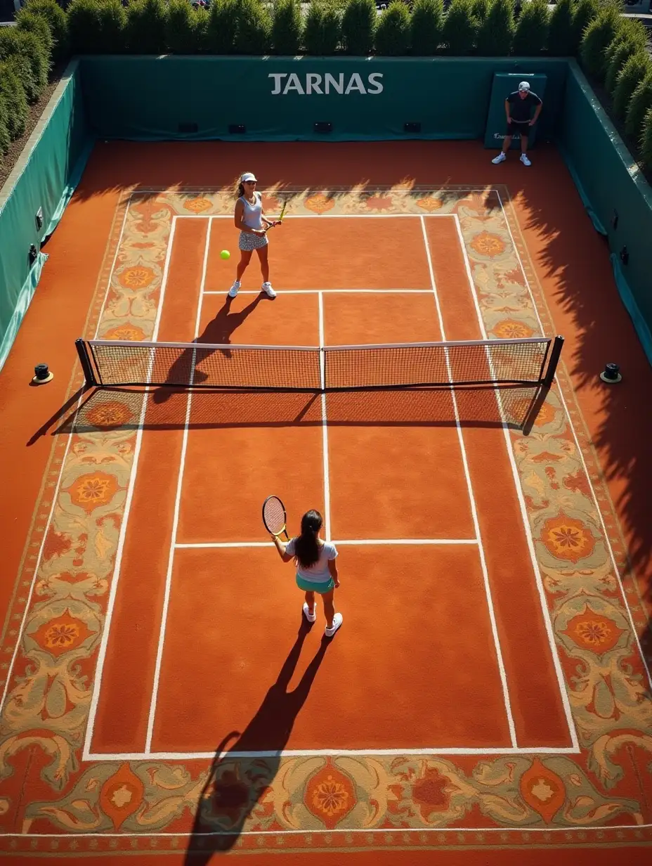 Artistic Tennis Scene with Female Player Ready to Serve on Traditional Rug