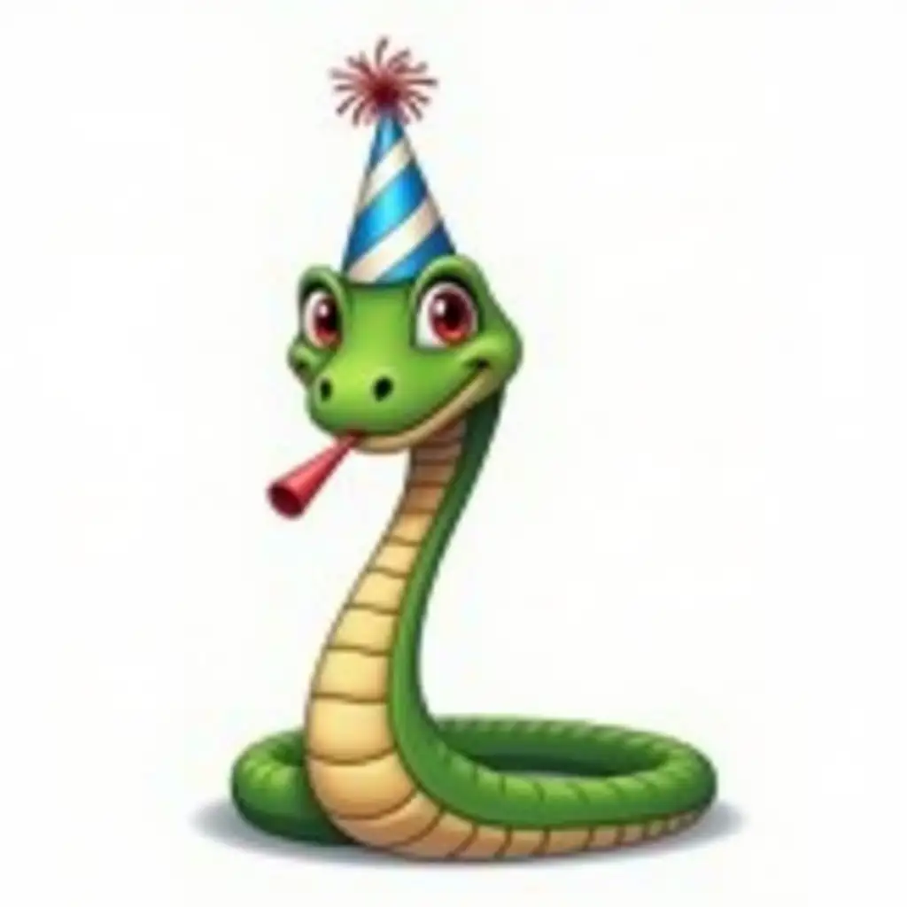 Cartoon Green Cobra Snake with Party Hat and Blower