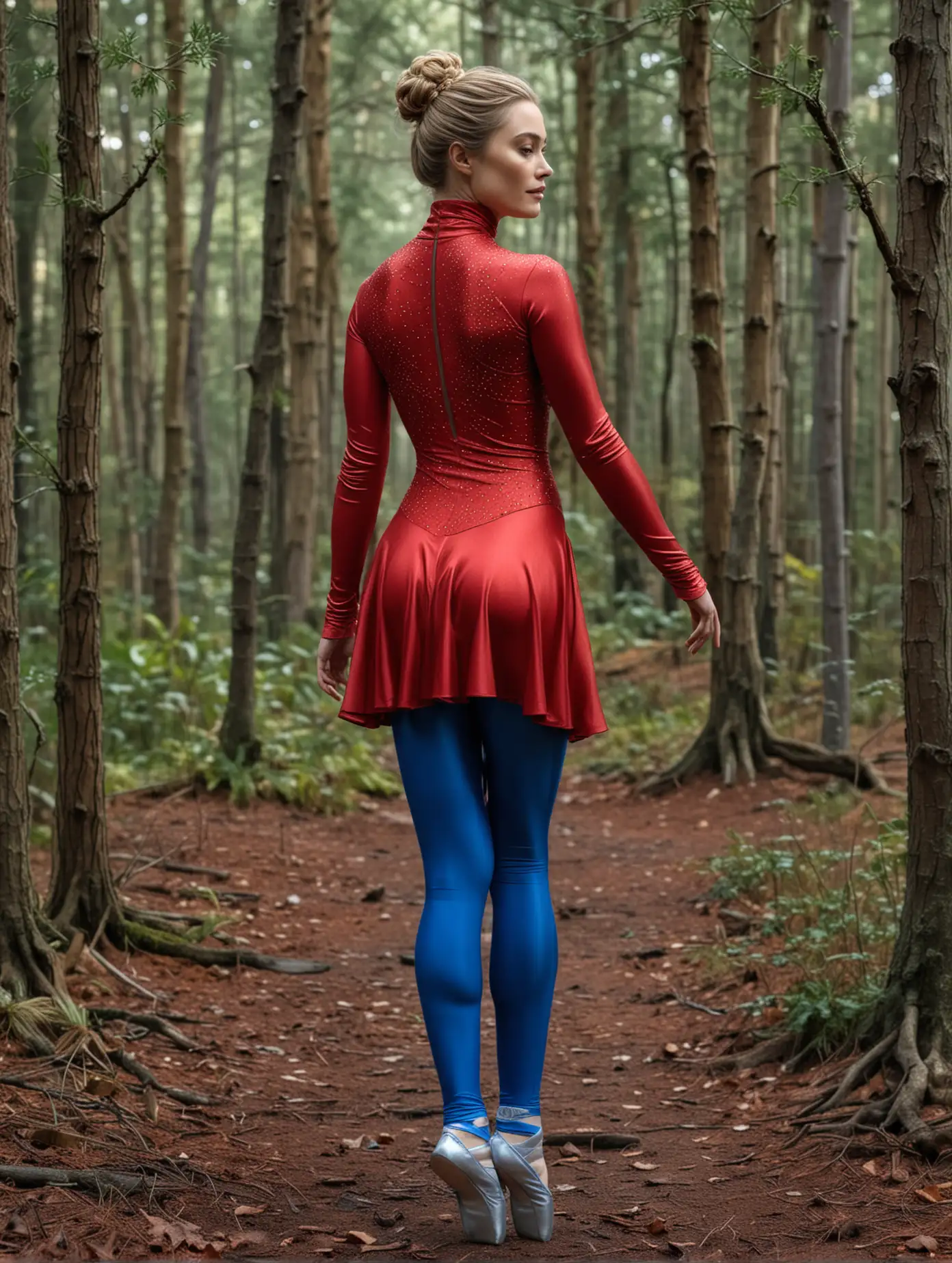 Cersei Lennister, von hinten, in einem glänzenden roten Turtleneck Long Sleeve Dance Leotard with Skirt, blauen glänzenden leggings, mit silbernen Ballettschläppchen, zwischen zwei Bäumen gekreuzigt, im Wald