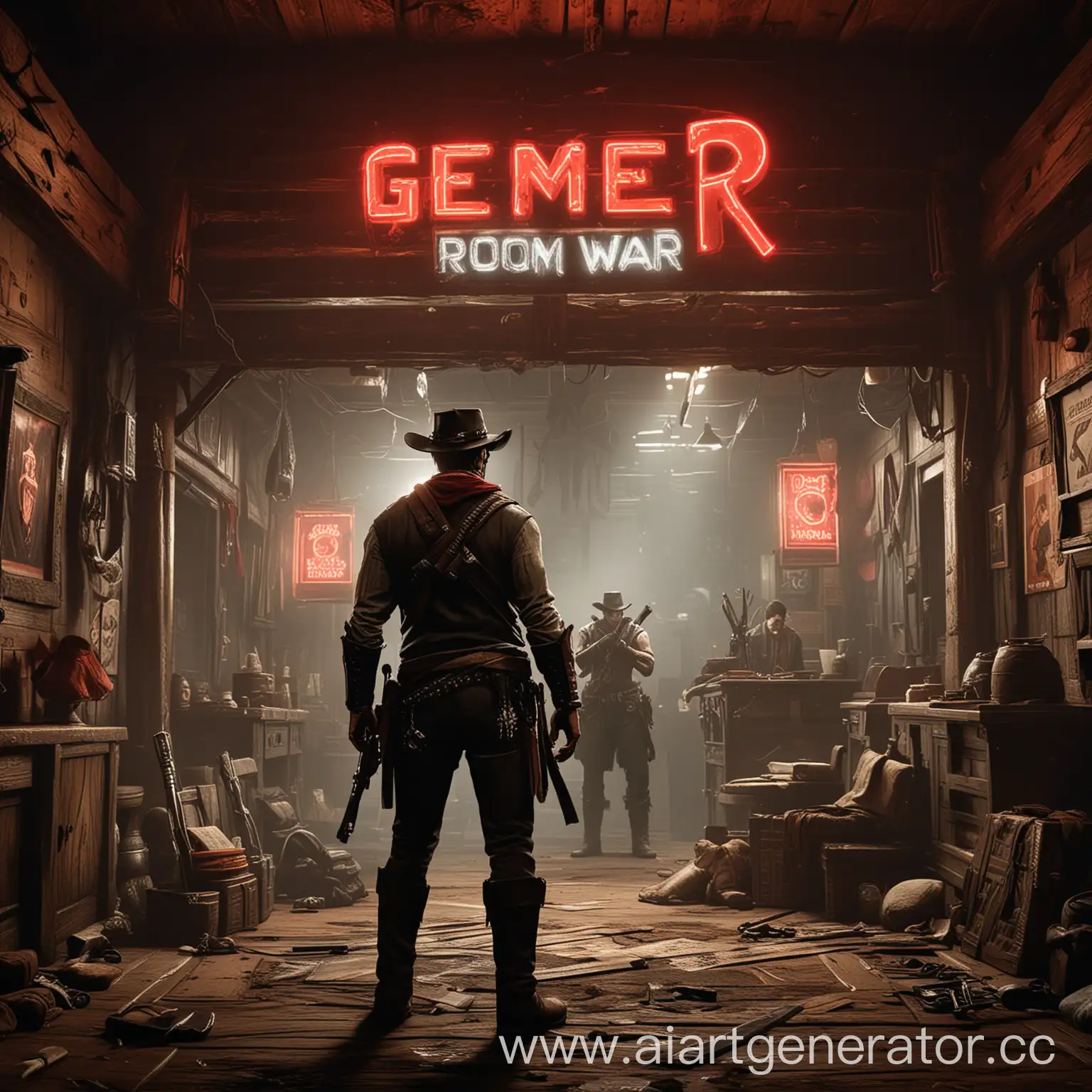 Cowboy-and-Warrior-Pose-with-Gaming-Room-Neon-Sign