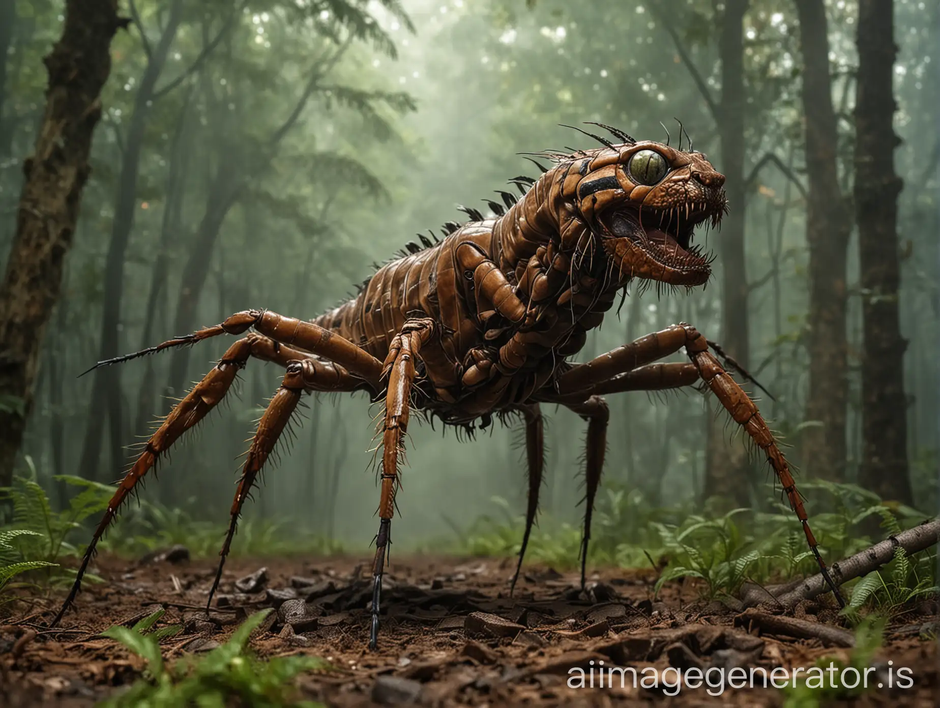 Massive-Hybrid-Creature-CentipedePumaDragonflyMastiff-in-Jungle-Mist