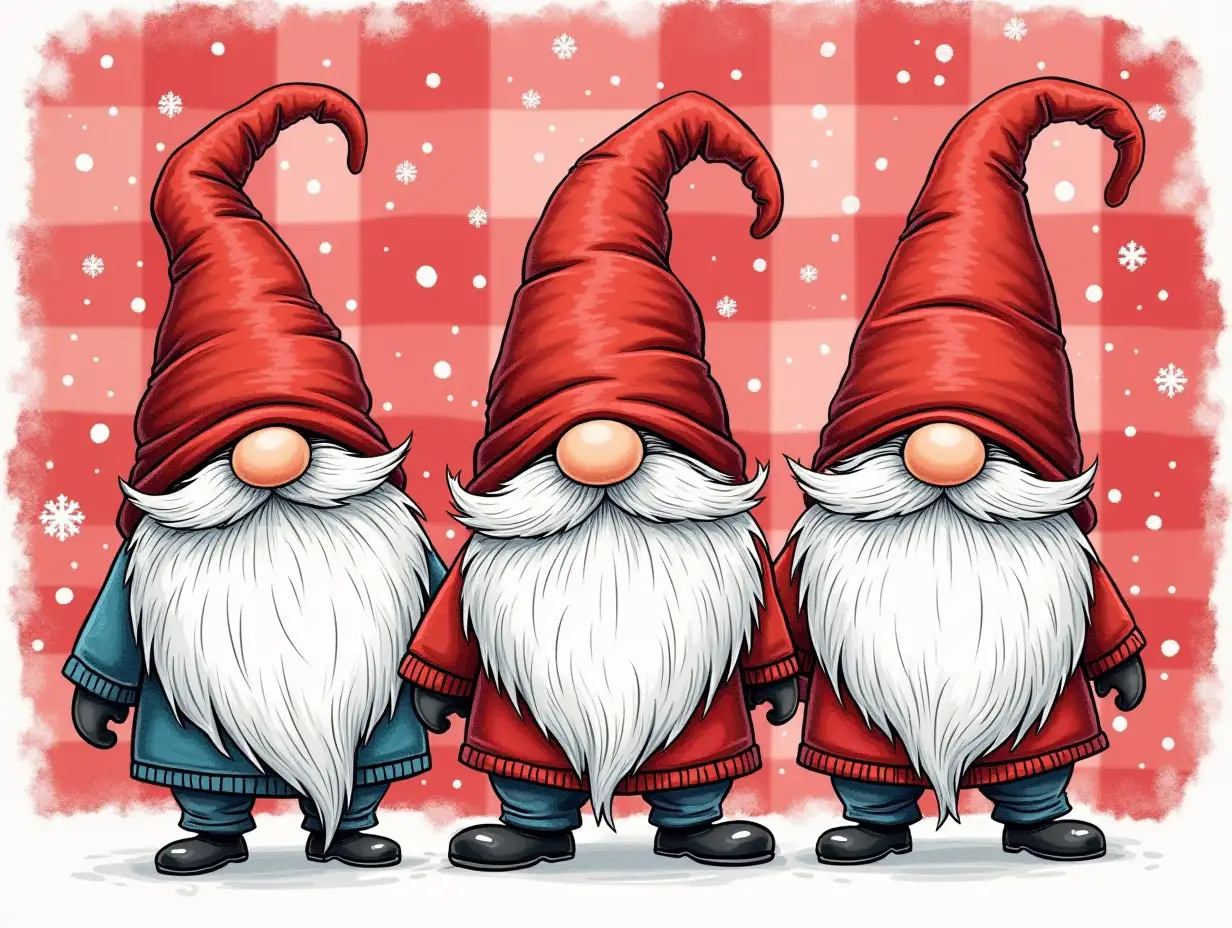 hand drawn art. Create an image of three gnome figures with long white beards and no visible faces. Three jolly Christmas gnomes with red hats and cozy sweaters, standing on a red and white buffalo plaid background. The gnomes have mischievous grins and playful expressions, with snowflakes falling around them. The overall style is detailed and festive, with a focus on the joy and excitement of the holiday season.