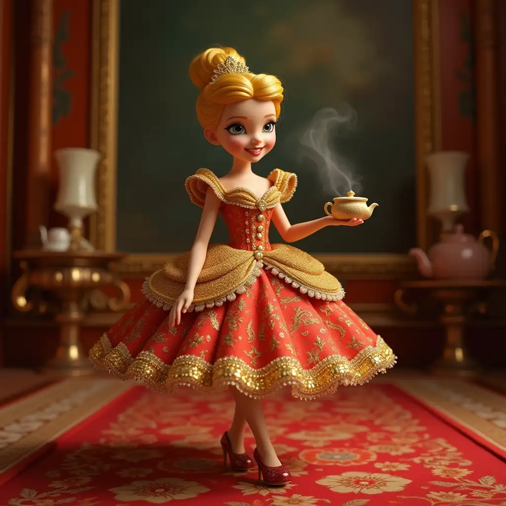 Cinderela in a golden red dress with glass slippers in a palace with teapot with eyes mouth nose,teeth with eyes mouth nose portrait 75 mm