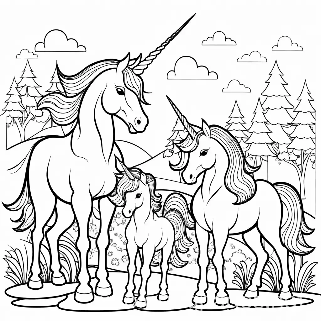 colorful unicorns, Coloring Page, black and white, line art, white background, Simplicity, Ample White Space. The background of the coloring page is plain white to make it easy for young children to color within the lines. The outlines of all the subjects are easy to distinguish, making it simple for kids to color without too much difficulty