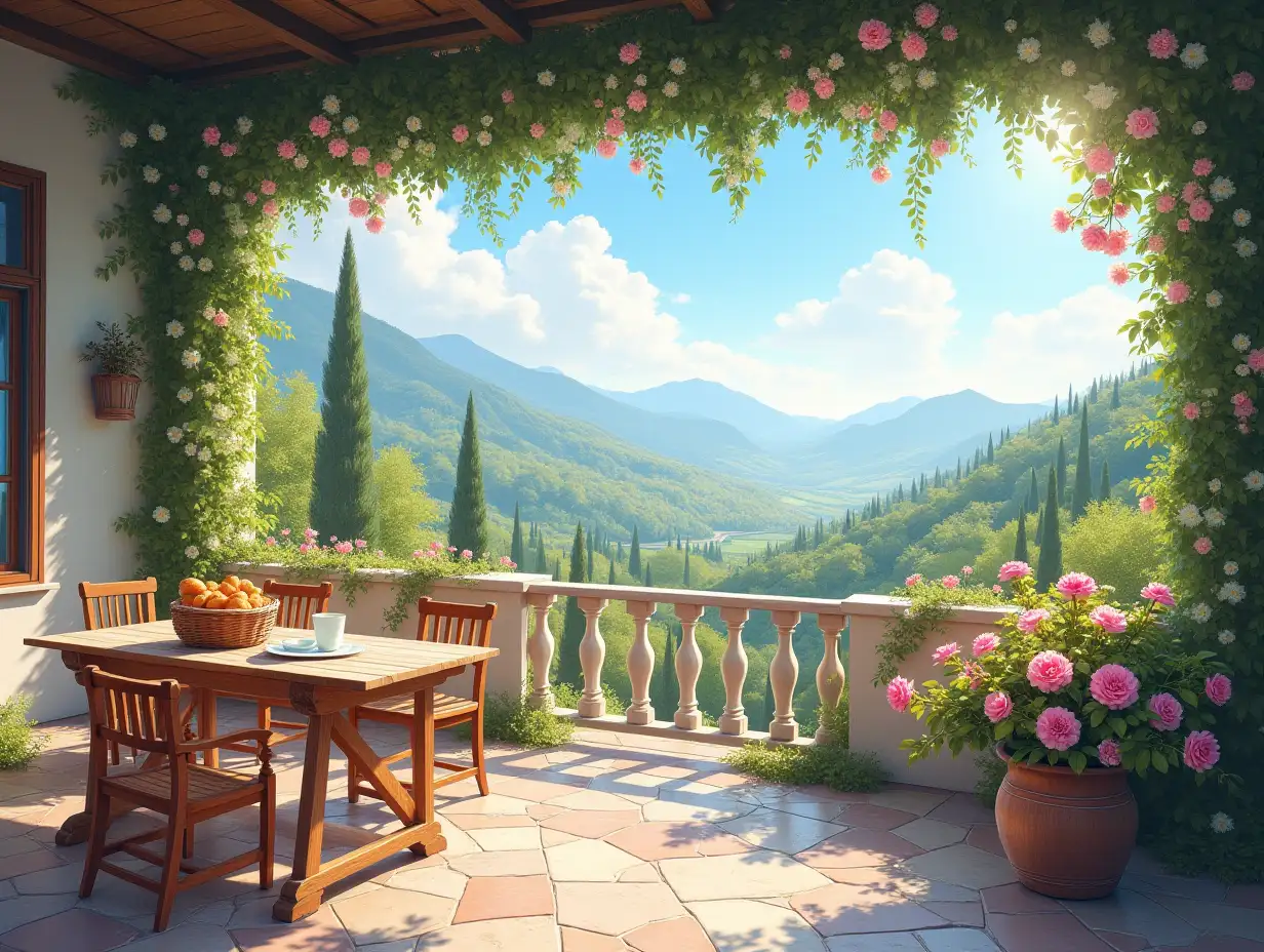 A spacious and flower-adorned terrace with a basket of bread on a table and a cup of milk, overlooking a beautiful view