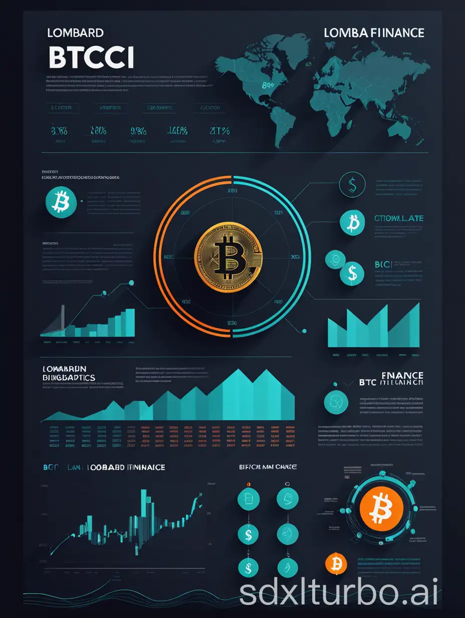 Create a modern, professional infographic with lomabard finance logo with a dark Bitcoin-inspired theme. The title should read: BTCFI with Lombard finance