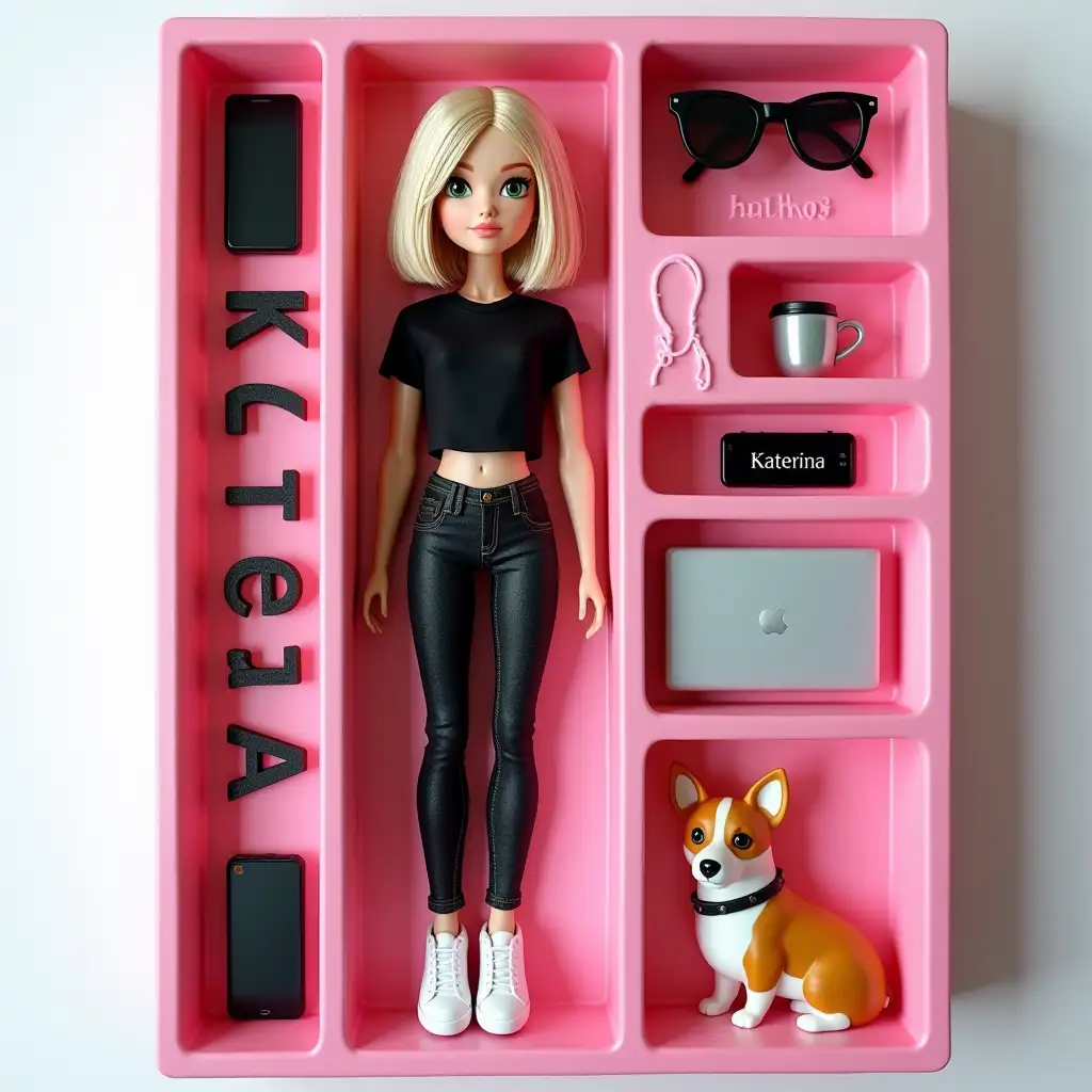 Create art: 3D doll in the style of Bratz, made of soft touch plastic. The character is full-length, with ash-blond hair, a bob hairstyle, green eyes. Clothes - black skinny jeans, a black T-shirt, white sneakers on her feet. The doll lies in a plastic recess that repeats its silhouette. Create a collectible action figure of a person - like an expensive toy in a package. Style: as realistic as possible, like for advertising or stories (ratio 9:16). Name: Katerina - the letters are imprinted and engraved on the box. Accessories inside the box: corgi dog, coffee cup, black sunglasses, laptop, phone. Accessories inside the box are laid out next to the doll in their places in separate cells.