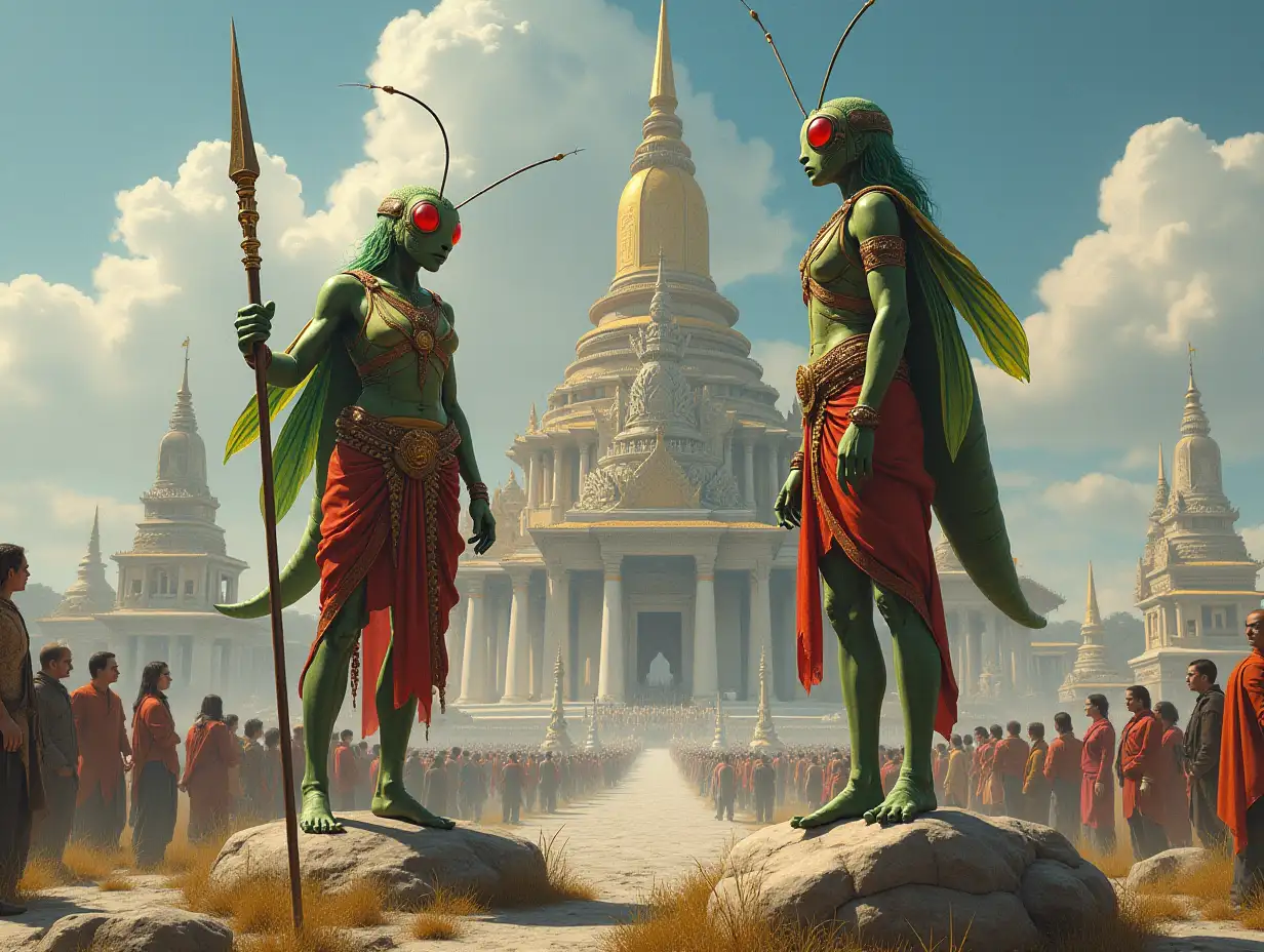 Detailed hyperrealistic portrait of two women with grasshopper bodies standing on a rock and a spear in hand in front of a large temple with many people elaborately detailed, colorful