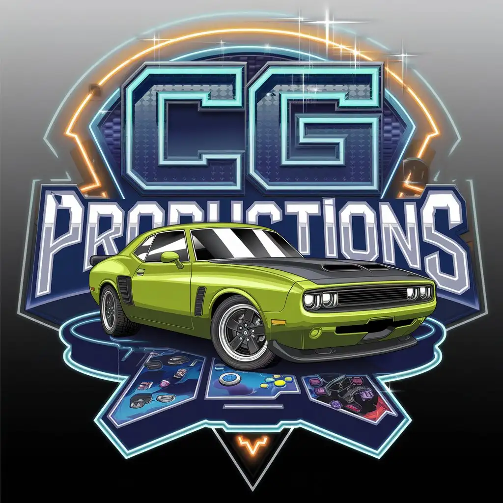 LOGO Design for CG Productions Neon Blue Background with Neon Green Muscle Car and Video Games Theme