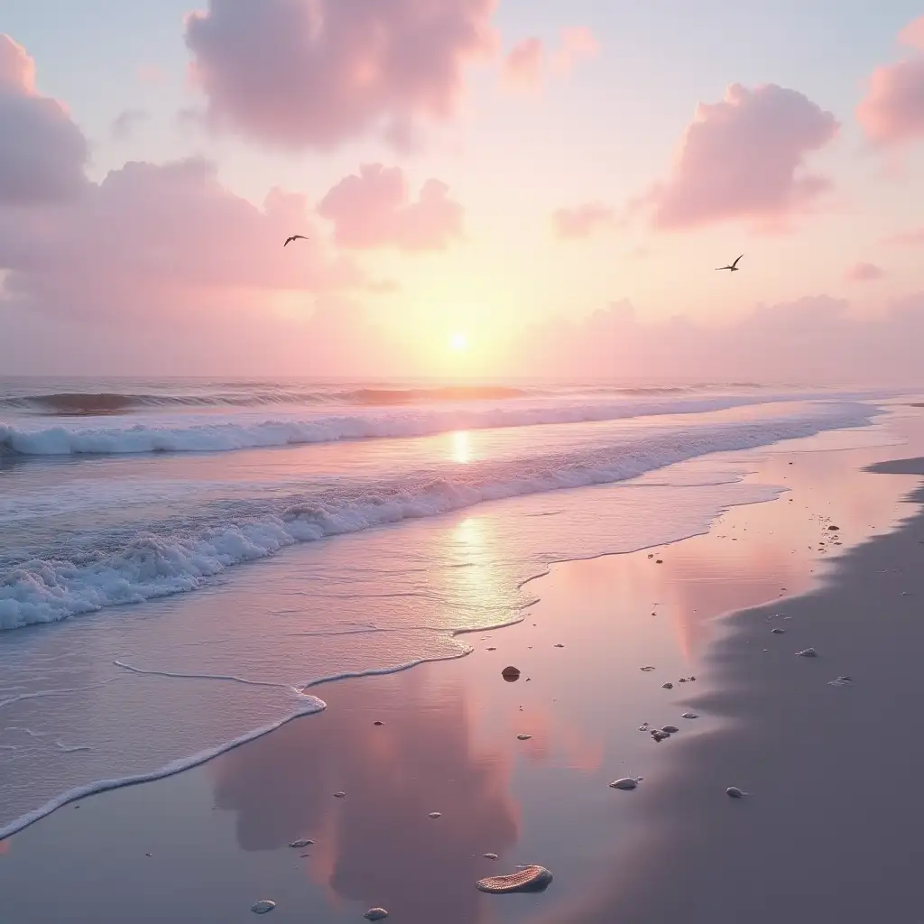 Create an ultra HD image of a serene beach at sunset. The sky is painted in soft pinks and oranges, and the calm ocean waves gently roll onto the shore. The scene should evoke a sense of peace and tranquility, with a gentle breeze causing small ripples on the water. Include some scattered seashells and a few birds flying in the distance. The atmosphere should be calm and soothing.