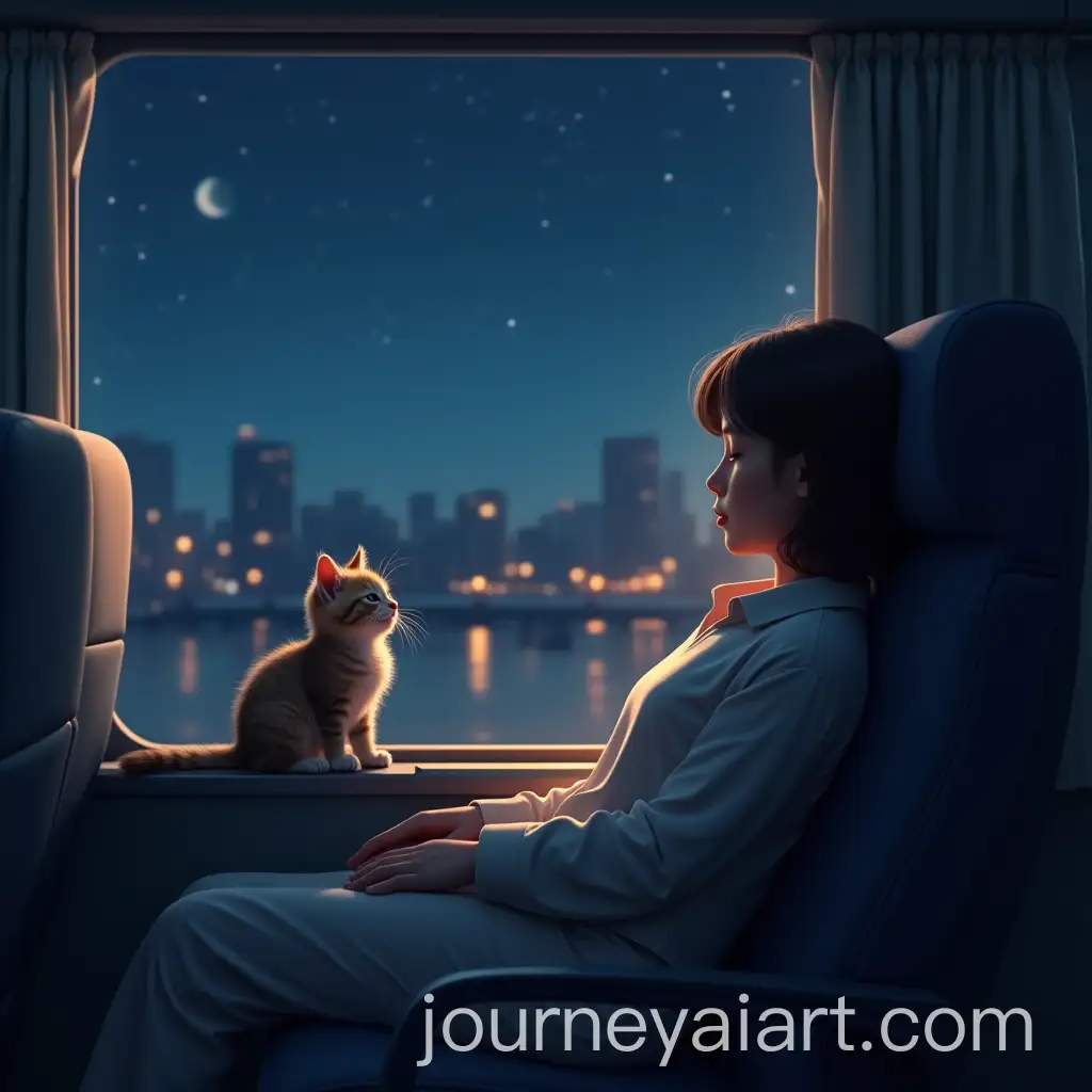 Kitten-Looking-Out-the-Window-on-a-Nighttime-Bus-Journey-with-Sleeping-Woman