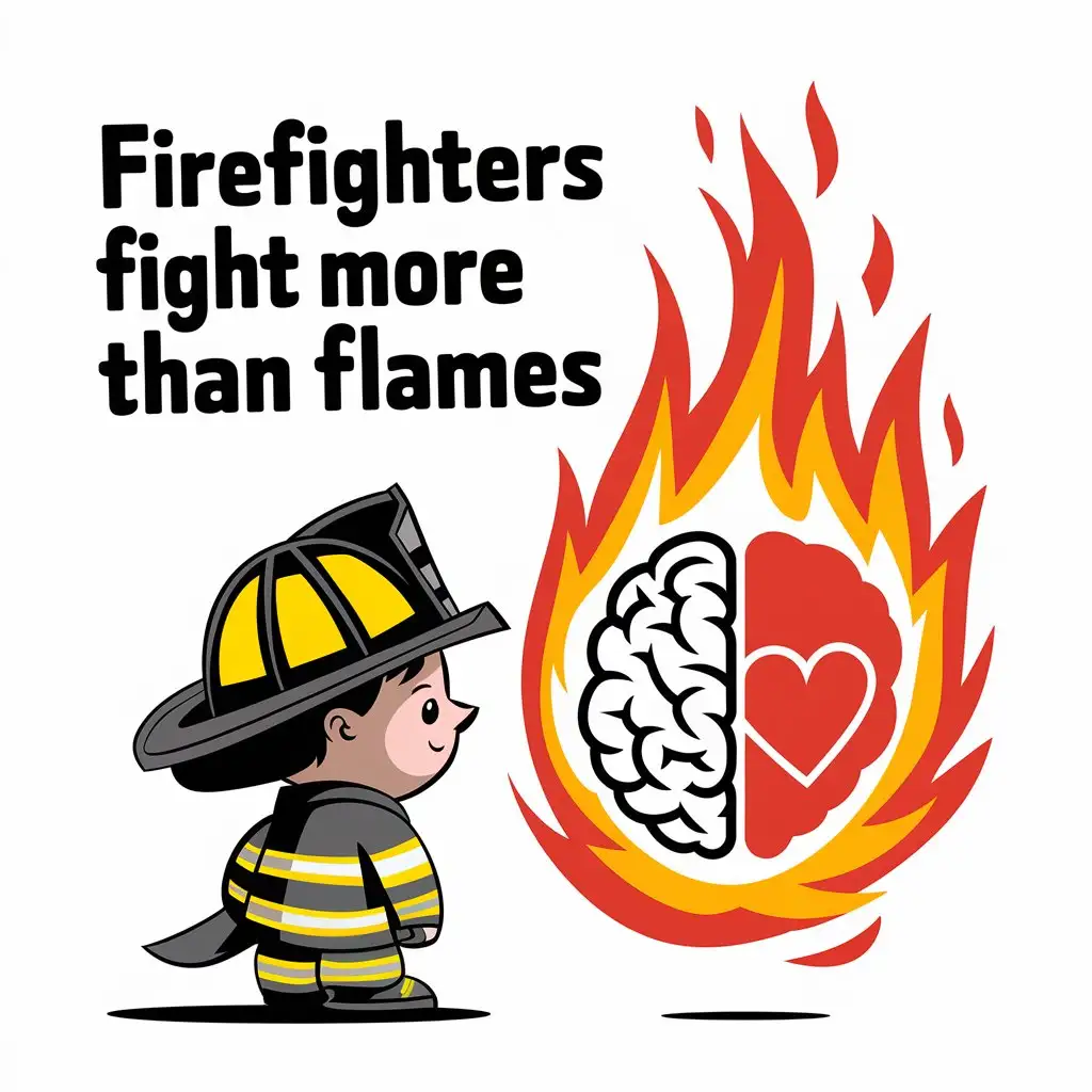 Cartoon Firefighter Confronting Flames with Brain and Heart Symbols