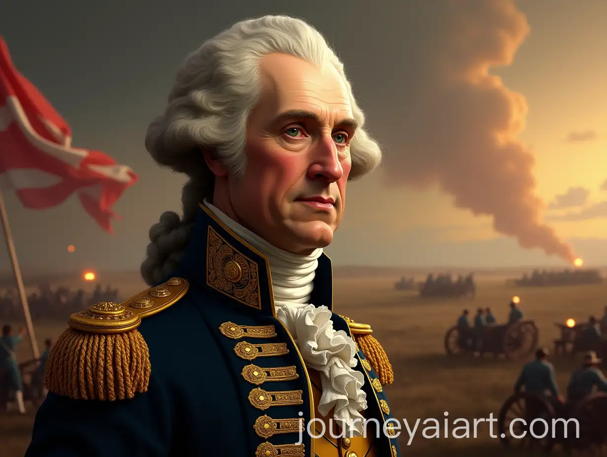 George-Washington-in-Colonial-Military-Uniform-on-Battlefield-with-American-Flag