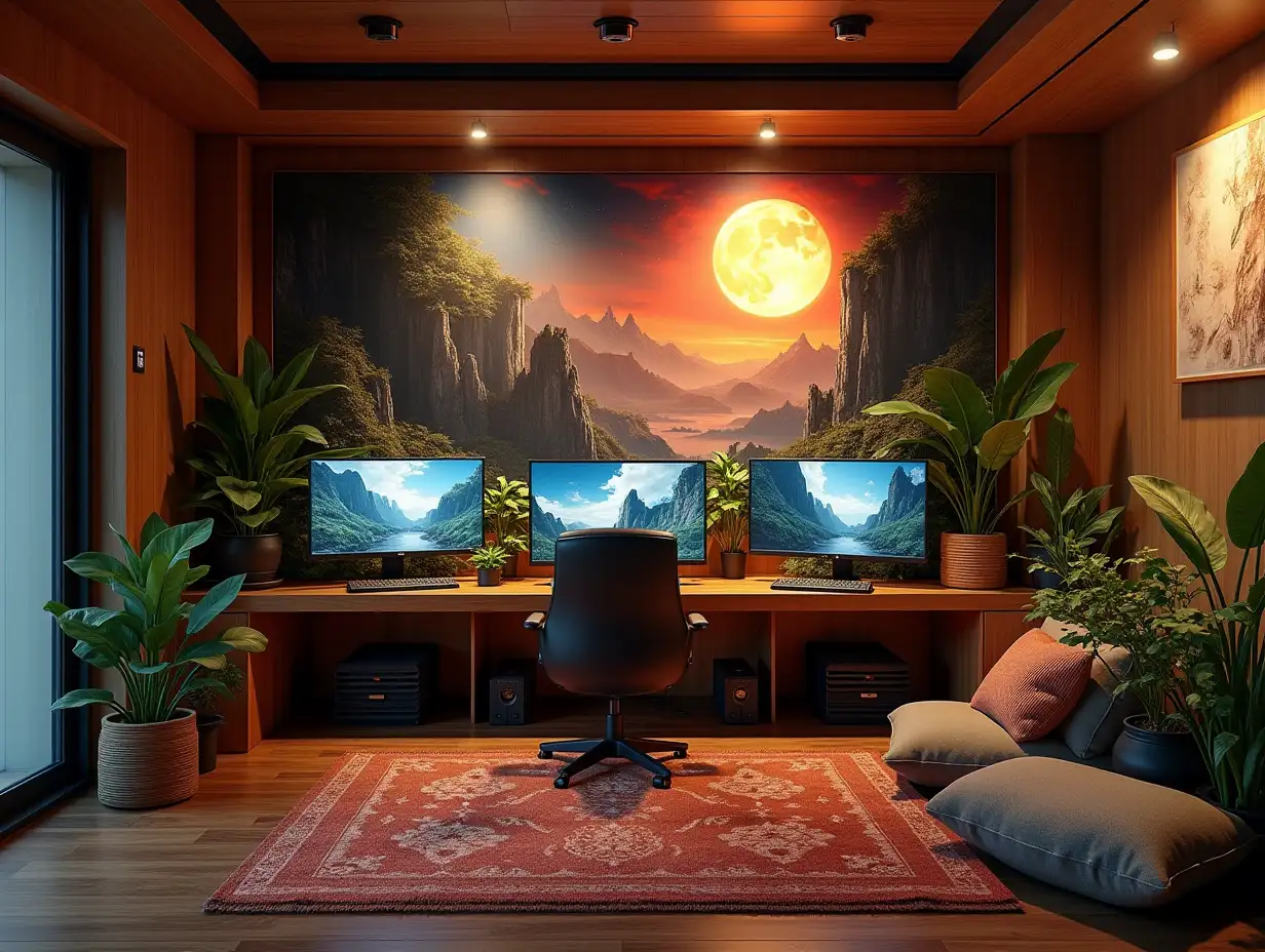 Gaming-Zimmer mit drei Monitoren hinten Regalen mit Teppich ,Beleuchtung mit Möblierung sehr vielen hängepflanzen Pflanzen with Attack on Titan Bild an der Wand Zen-Garden mit sorgfältig gepflegten Felsen, ein meditativer 180 Grad Aufnahmen 8K-Auflösung Farbenfroh