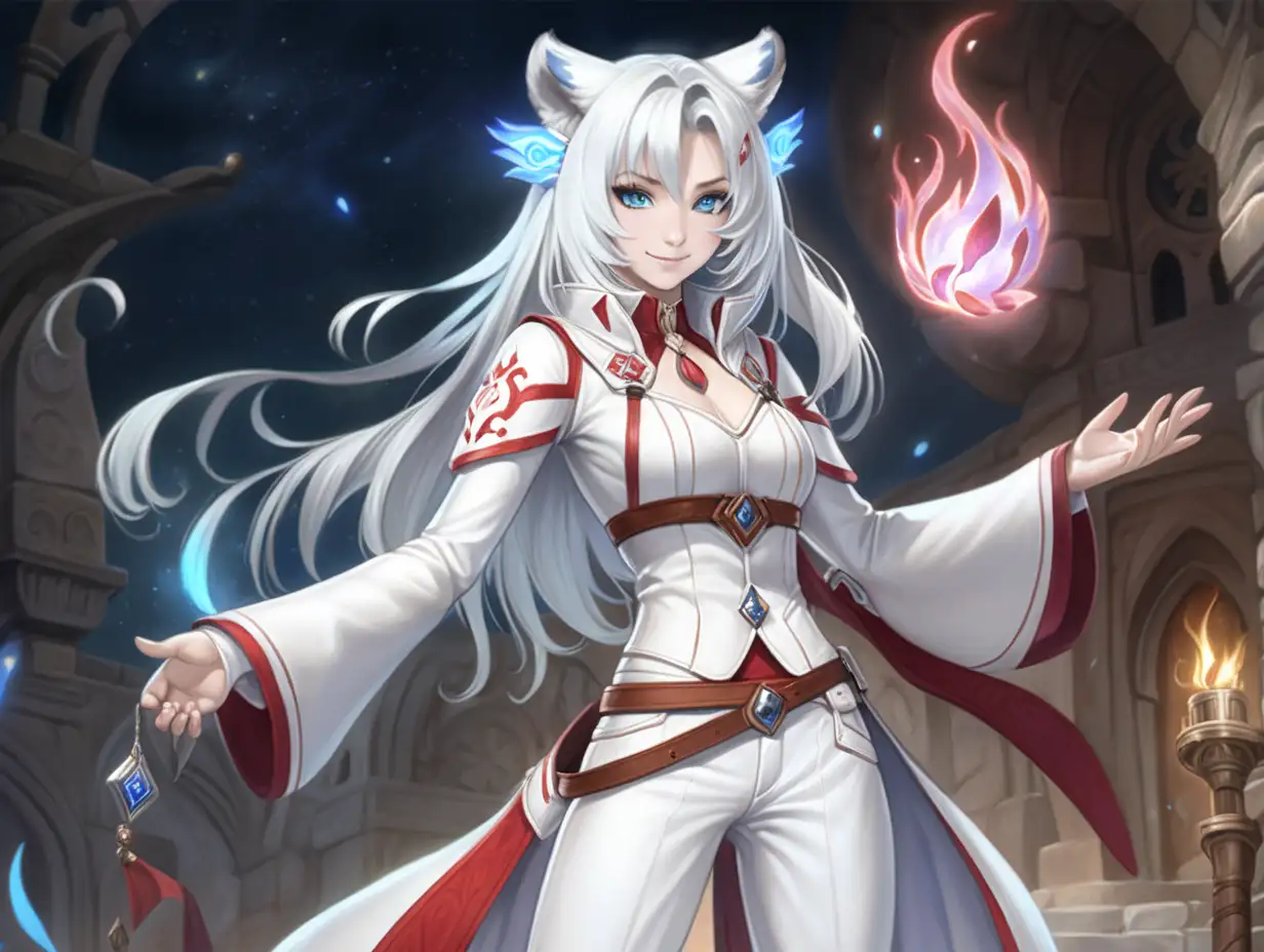 (((white mage's uniform))), ((mage woman)), ((white tiger ears)), white long hair, (only 1 woman), red freckles, (blue Glowing eyes), ((without humans ears)), ((beautiful face)), country's atmosphere, магия тьмы, управление тьмой, (full body), a angry smile, ((white leather Trousers)), Painted lips, cosmetic