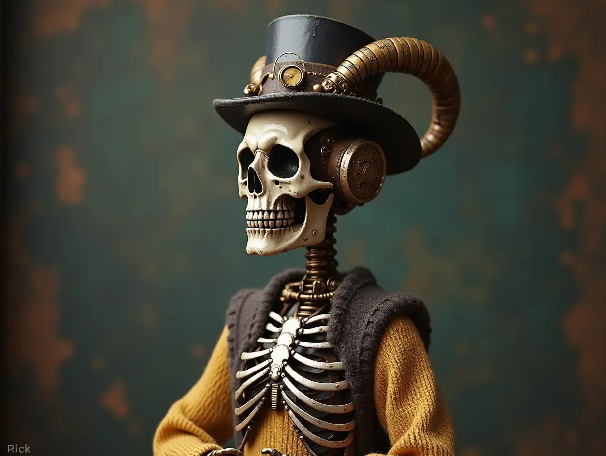 Create a high-resolution, realistic image of a robot with a skeleton body, golden porcelain hands and head, a sweater, a Steampunk top hat and a horn standing in 4K resolution (Steampunk 8K quality)