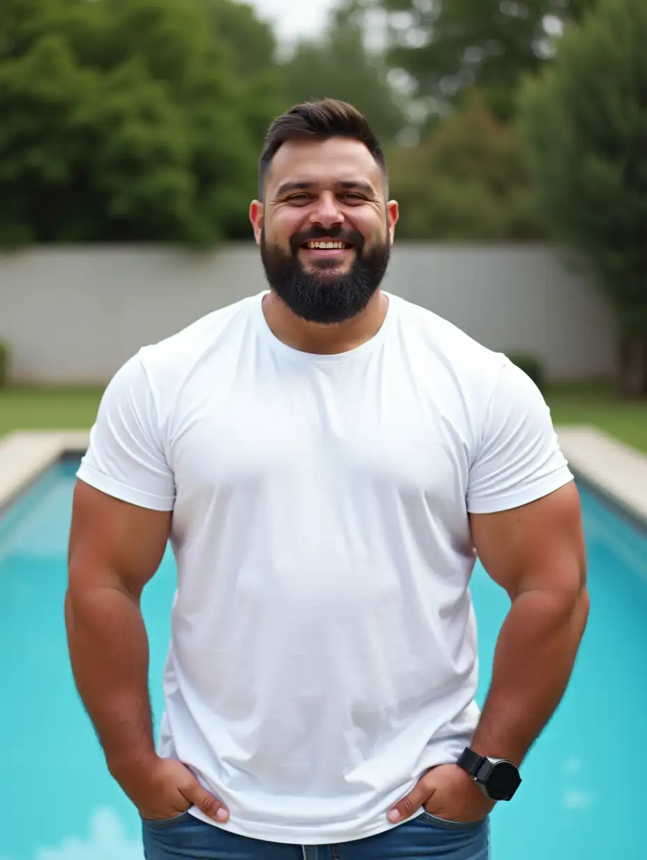 Confident Muscular Man in White TShirt by the Pool