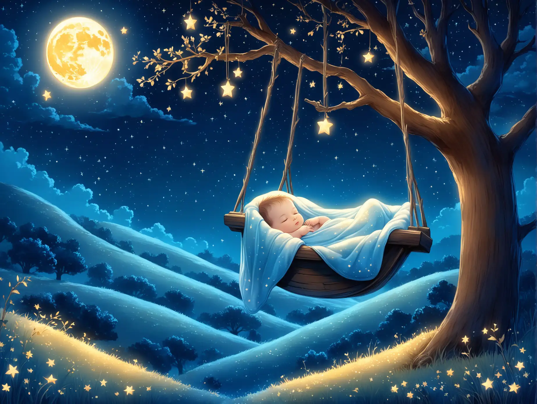 Magical-Nighttime-Baby-Sleeping-in-Cradle-Under-the-Full-Moon