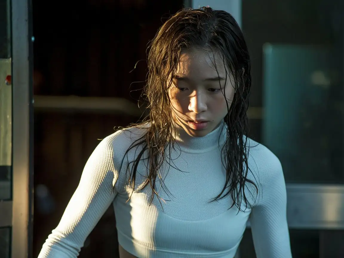 Teenage-Girl-in-Wet-Hair-Portrait-with-Light-and-Shadow-Play