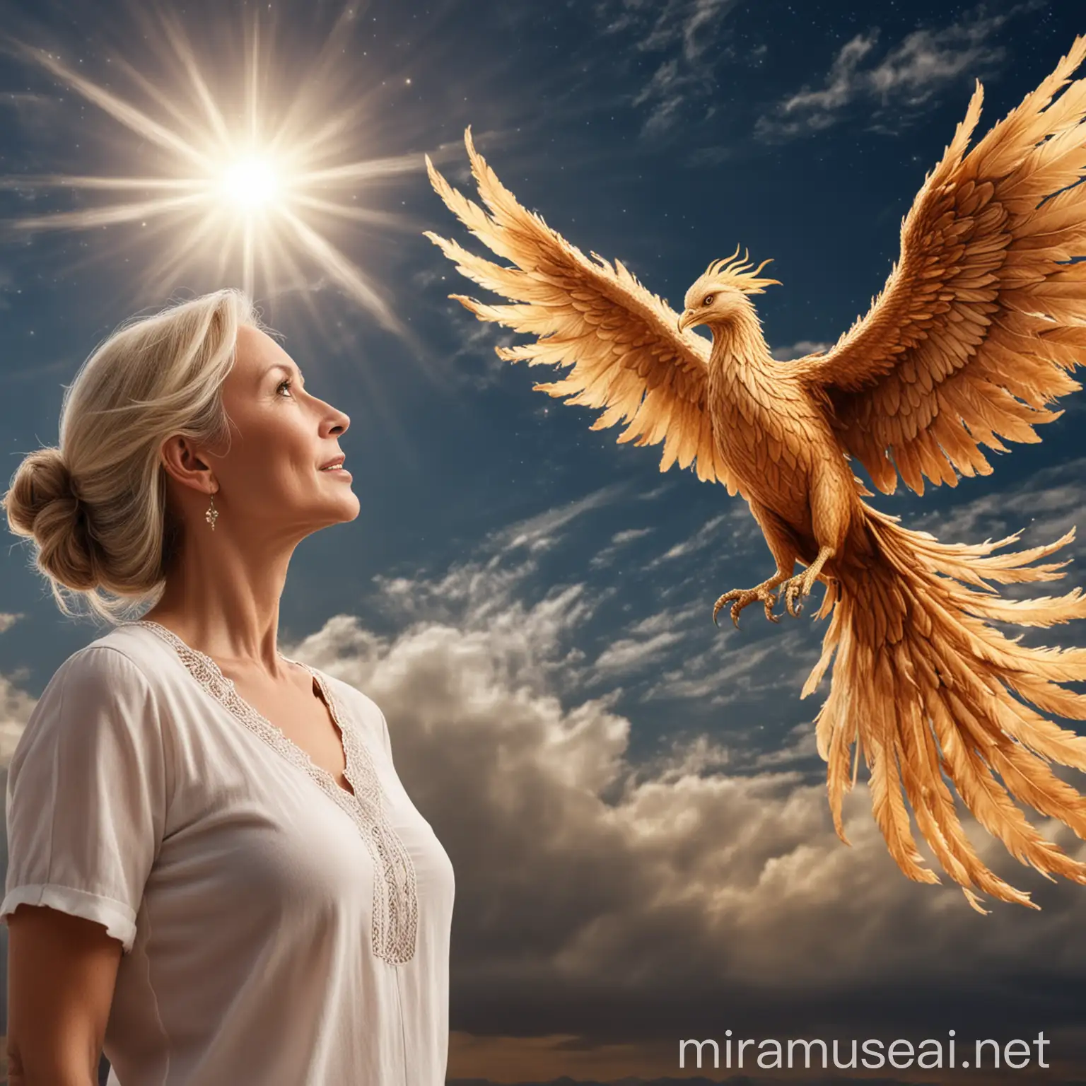 Blonde Woman Observing Phoenix in the Sky